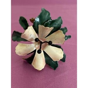 Vintage 1940's Rare Brooch 3D  Large Ivory /Green Flower Enamel Signed Sandor Co